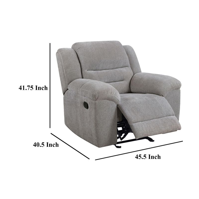 Gilo Manual Glider Recliner Armchair, 46 Inch Light Gray, Pillow Top - Benzara