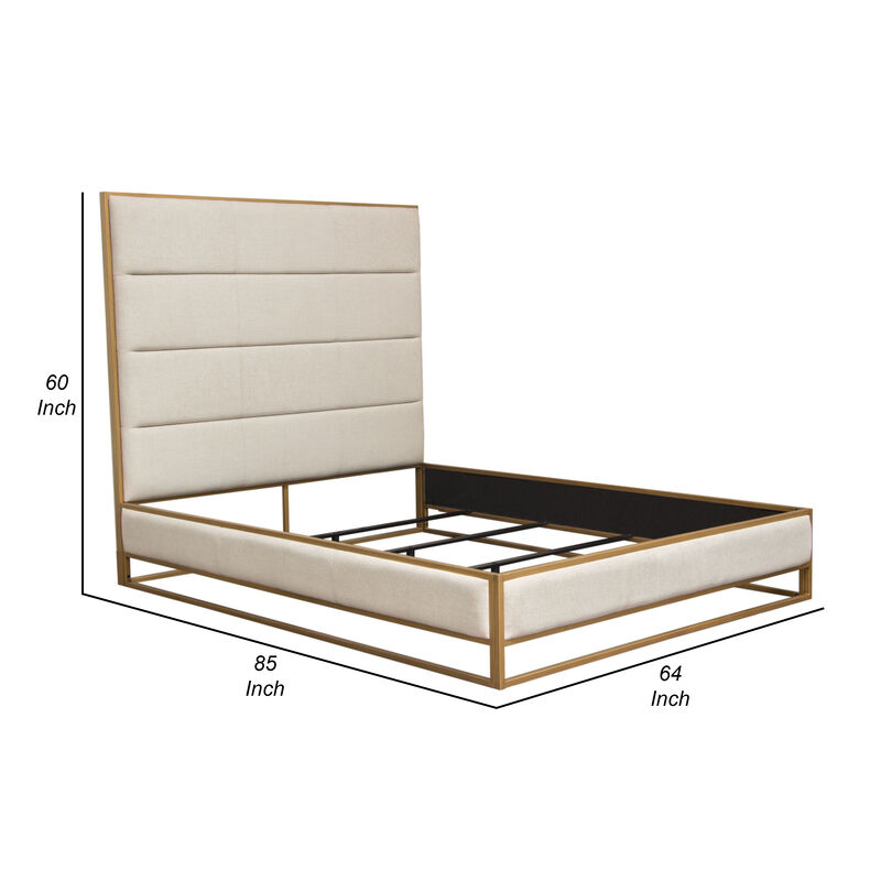 Chek Queen Size Bed w Channel Tufted Upholstery, Sand Brown, Gold Metal