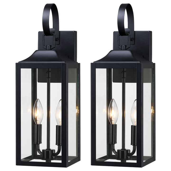 19 in. Modern Farmhouse Black 2-Light Dimmable Outdoor Wall Lantern with Clear Glass Shade(Set of 2)