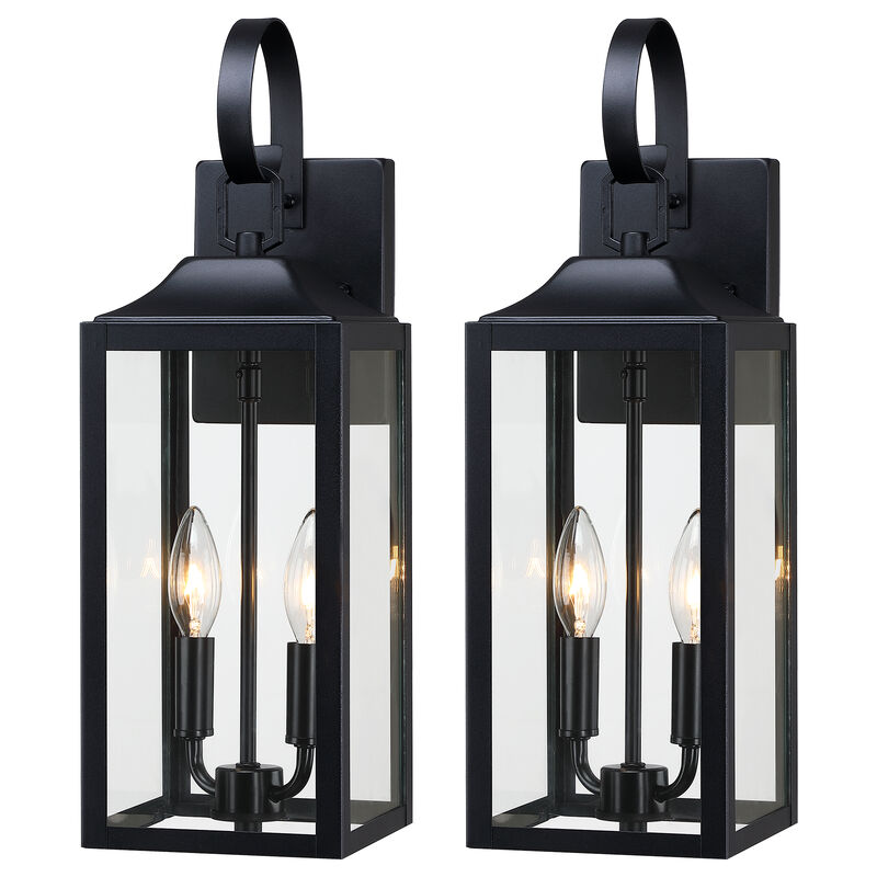 19 in. Modern Farmhouse Black 2-Light Dimmable Outdoor Wall Lantern with Clear Glass Shade(Set of 2) image number 0