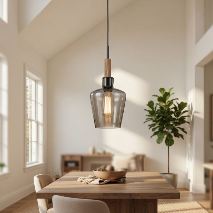 Pendant Light, Round Smoked Glass Shade, Brown Wood Accent, Black Metal