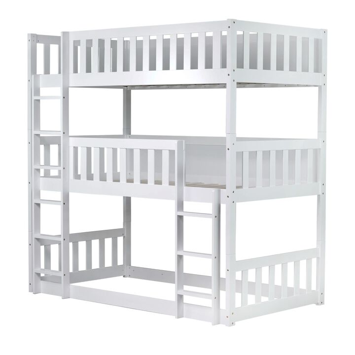Whisen Triple Twin Size Rubber Wood Detachable Bunk Bed with Ladders and Guardrails