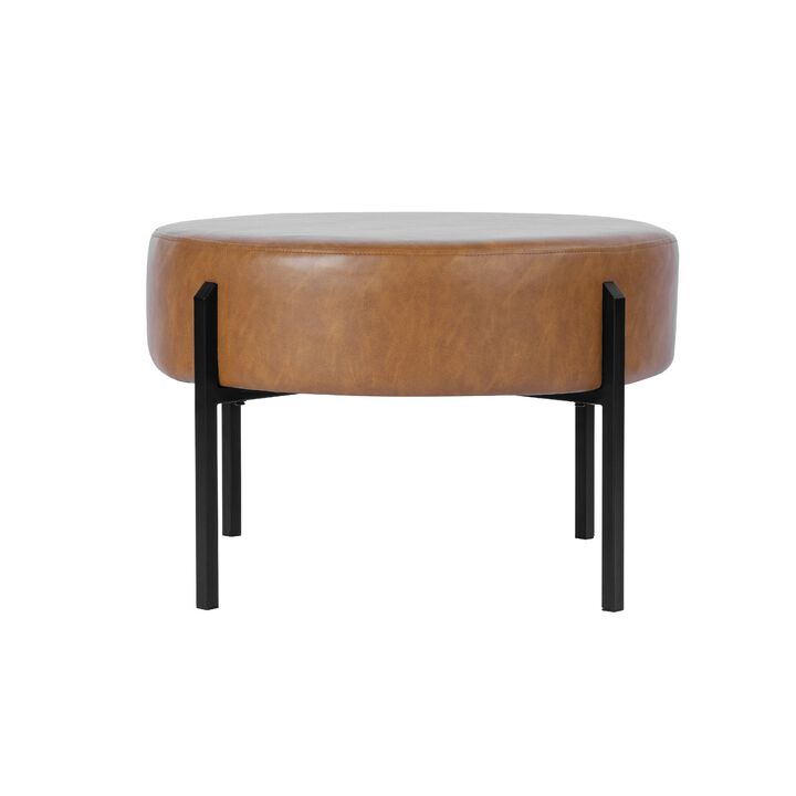 Joe Round Ottoman Footstool, Black Metal, Brown Faux Leather 28 Inch - Benzara