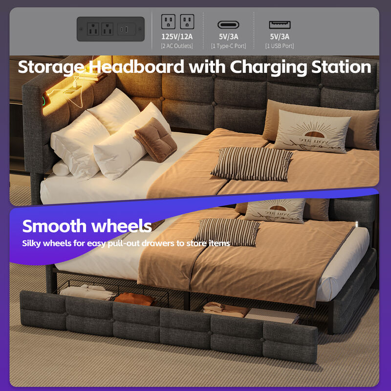 Merax Twin Size Upholstered Daybed with Storage 2 Drawers, Charging Station, LED Lights & Storage Headboard