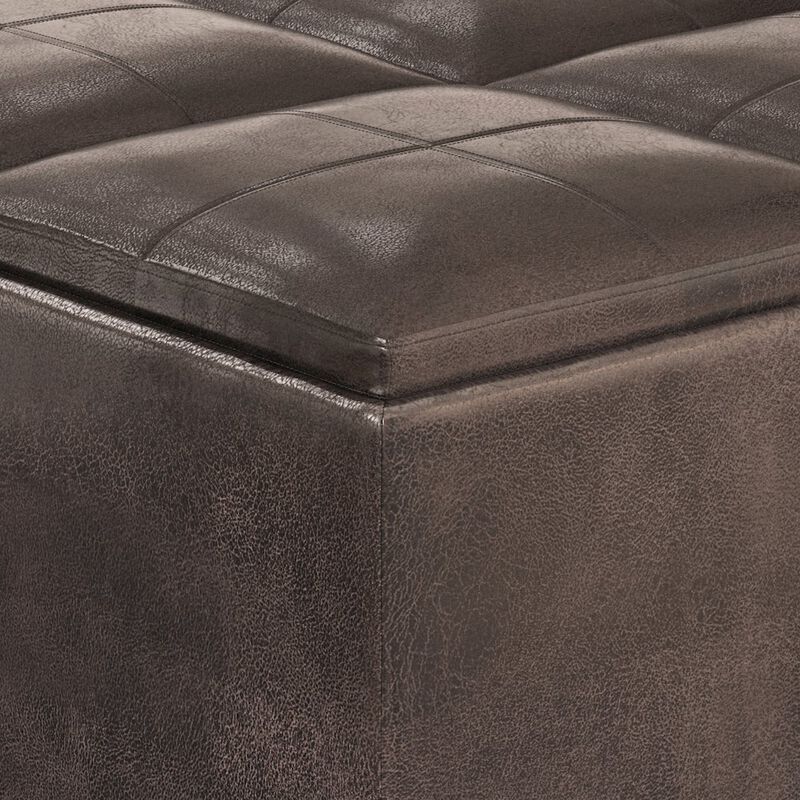 Simpli Home Coffee Table Storage Ottoman In Distressed Brown Vegan Faux Leather