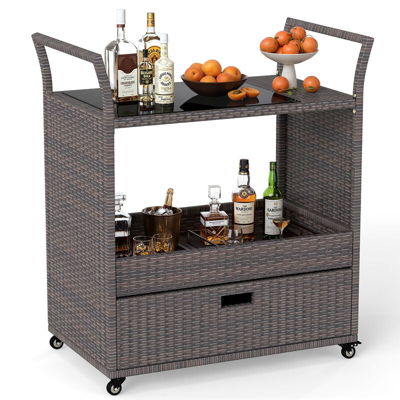 Outdoor Rattan Bar Cart Table with Tempered Glass Top and Storage-Mix Brown image number 3