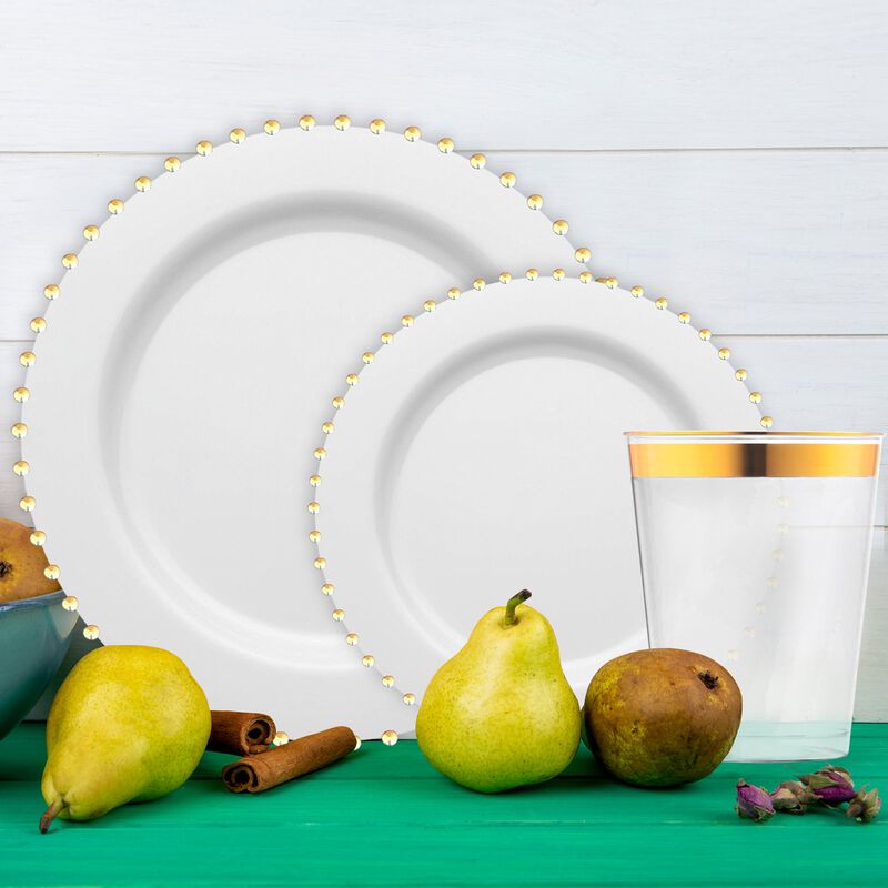 White with Gold Pearl String Round Plastic Tableware Set (120 Sets) image number 1