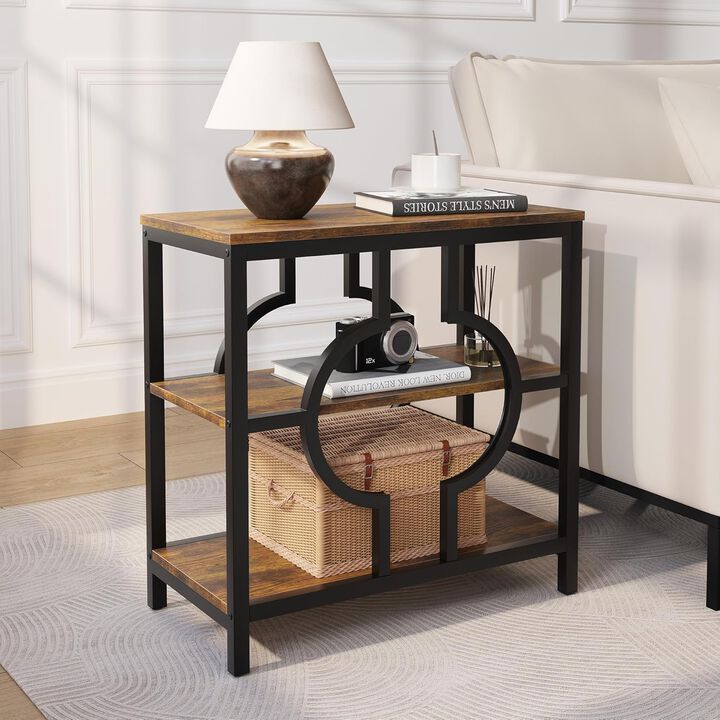 End Table, Narrow Side Table with 3-Tier Storage Shelves, Nightstand with Storage Shelf, Wood Sofa Side Table for Living Room, Bedroom