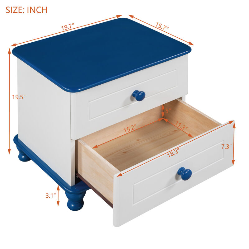 Wooden Nightstand with Two Drawers for Kids, End Table for Bedroom, White+Blue image number 6