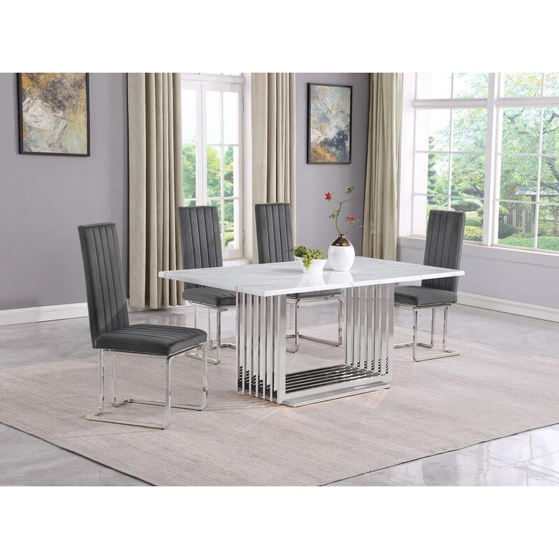 5pc Small(68") marble top dining set with silver base and 4 Dark grey chairs