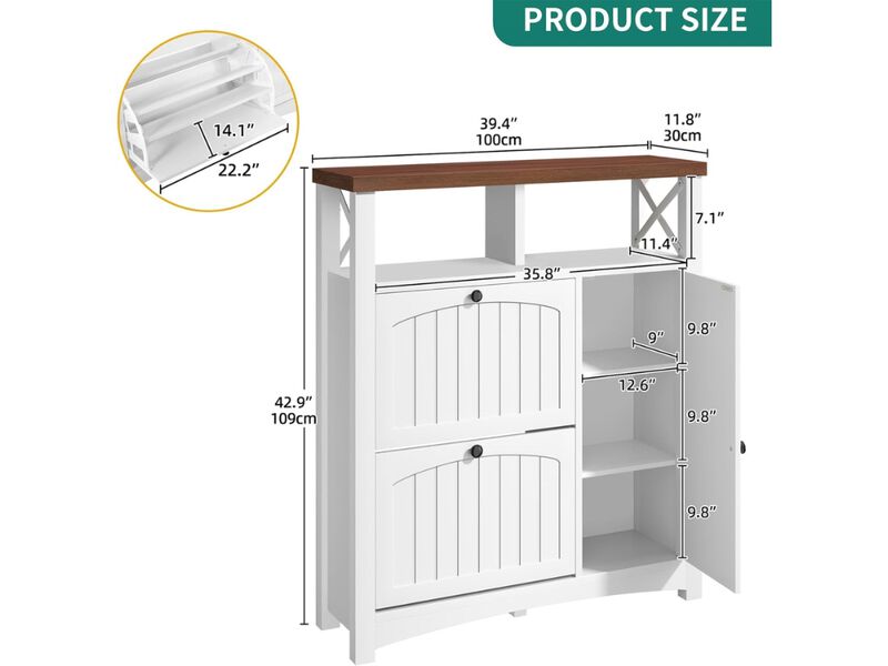Entryway Wood Shoe Storage Cabinet Flip Drawer Adjustable Shelves White image number 2