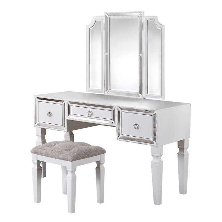 Thuy 60 Inch Vanity Desk Set, Upholstered Stool, Trifold Mirror, White-Benzara