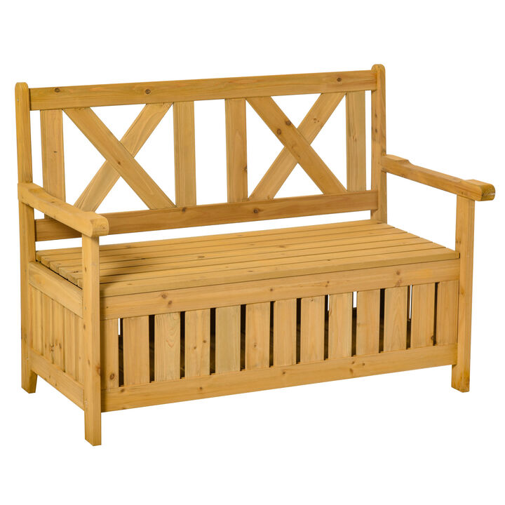 Outsunny Patio Wooden Bench with Storage Box, 29 Gallon Outdoor Storage Bench, Large Entryway Deck Box w/ Unique X-Shape Back, for Deck, Porch & Balcony, Yellow