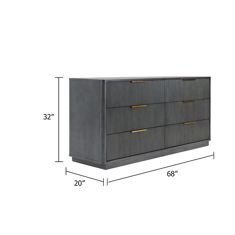 Noe Celia Wide Dresser, 6 Drawers Retro Luxe Gray Rubberwood