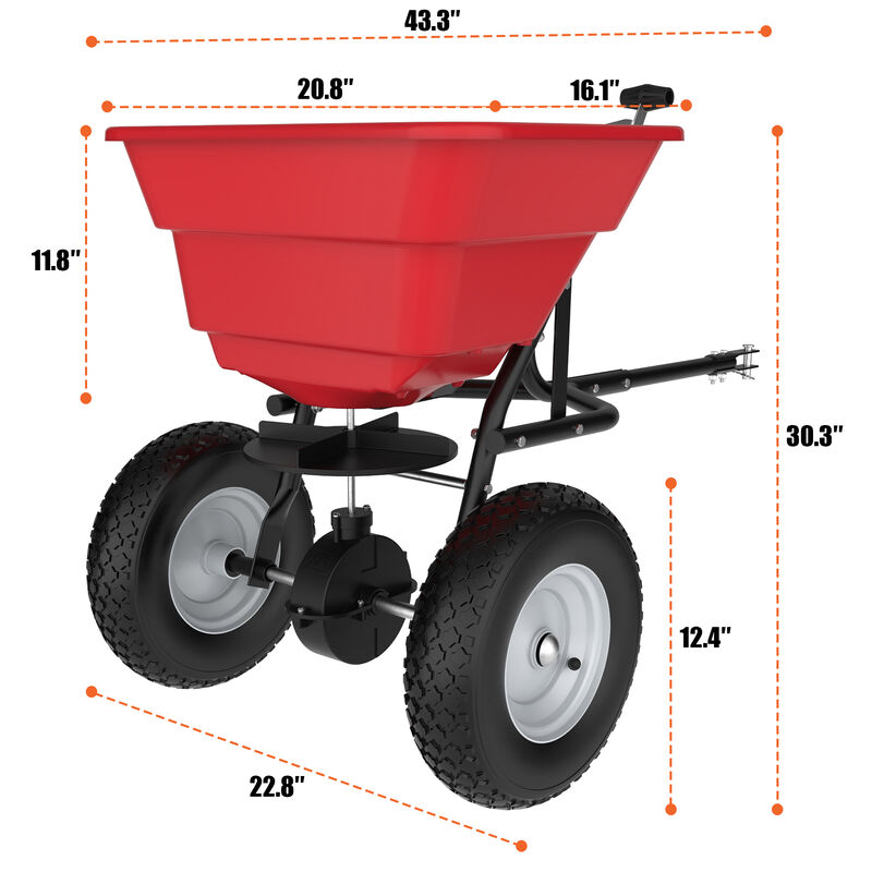 FUFU&GAGA 80lb Tow-Behind Spreader &ndash; Durable Red Frame, Rubber Pneumatic Tires, Adjustable Feed Control, (22.8" L x 16.1" W x 30.3" H), red image number 9