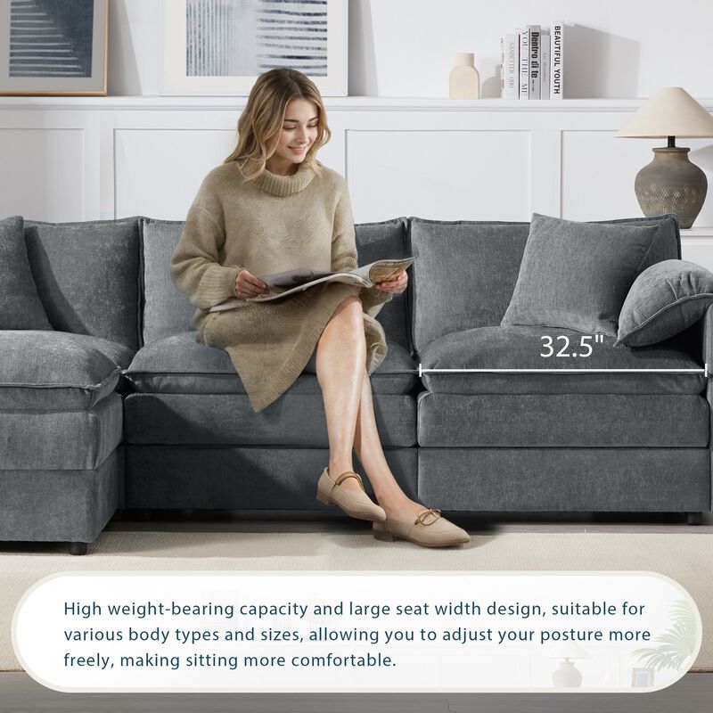 Clihome 103" Chenille Modular Sectional Sofa with Deep and Wide Seat,L Shaped Cloud Couch Set with Double Cushions,4 Seat Sofa with Movable Ottoman,Oversized Indoor Furniture for Living Room image number 6