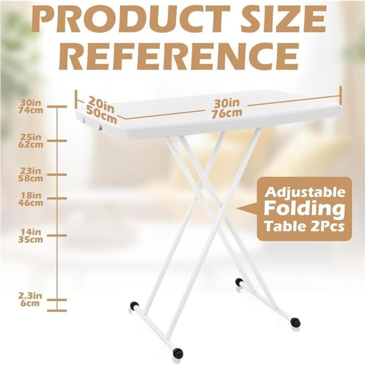 Small Adjustable Folding Table, Portable Plastic TV Tray with Metal X-Frames for Home & Camping