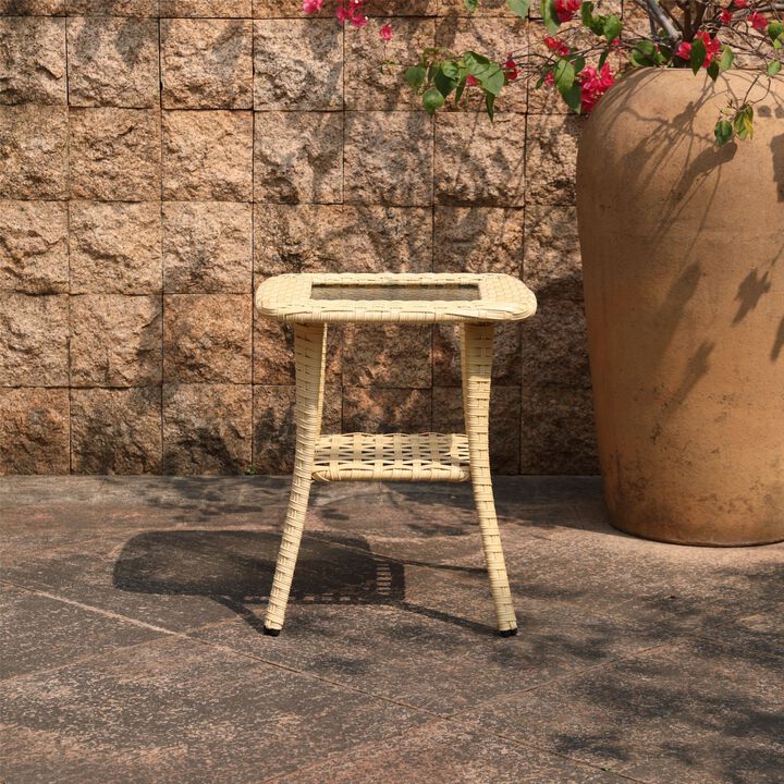 Outdoor Wicker Patio Side Table with Tempered Glass Top