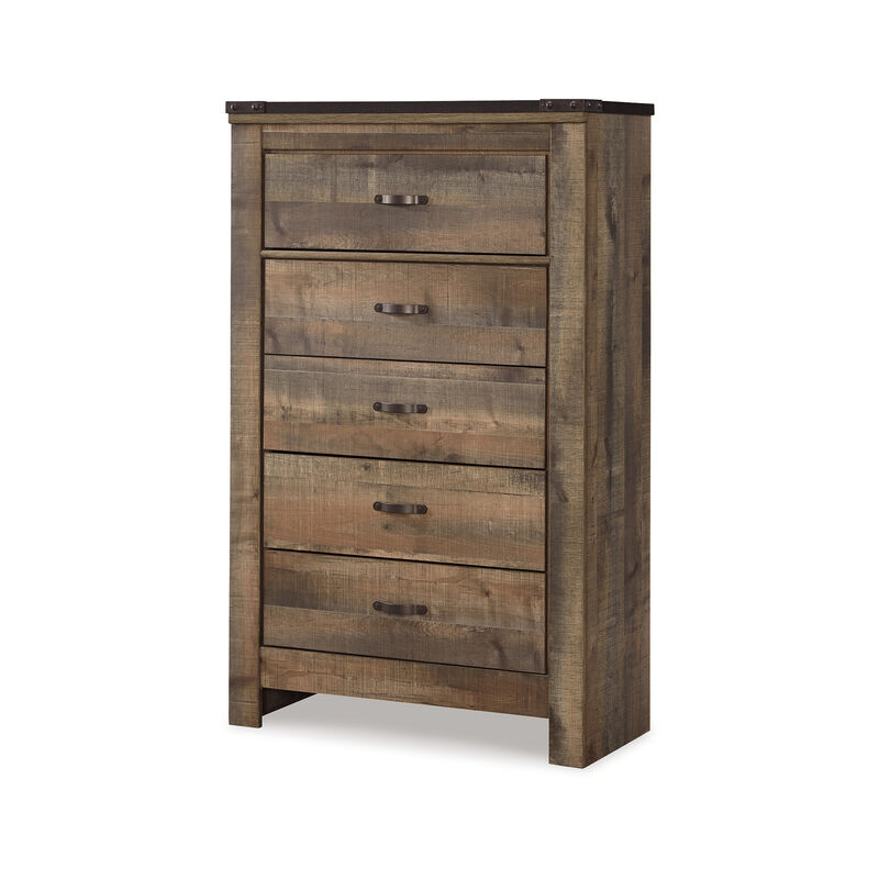 Zoey Tall Dresser Chest, 5 Storage Drawers, Rustic Brown Plank Details - Benzara