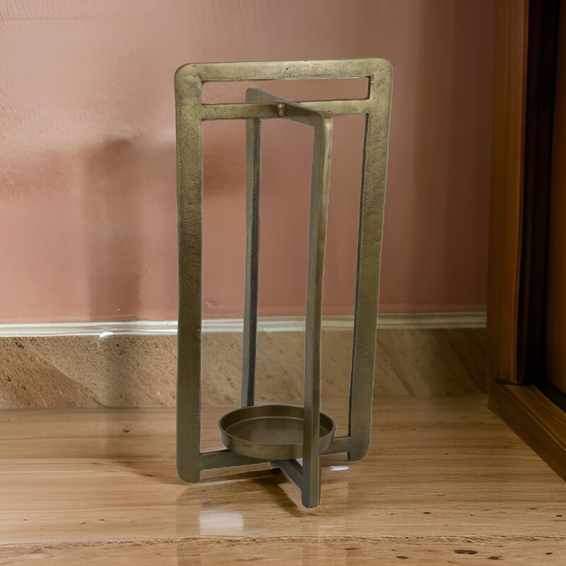 Eya 25 Inch Modern Tabletop Candle Lantern with Round Plate, Gold Metal  - Benzara