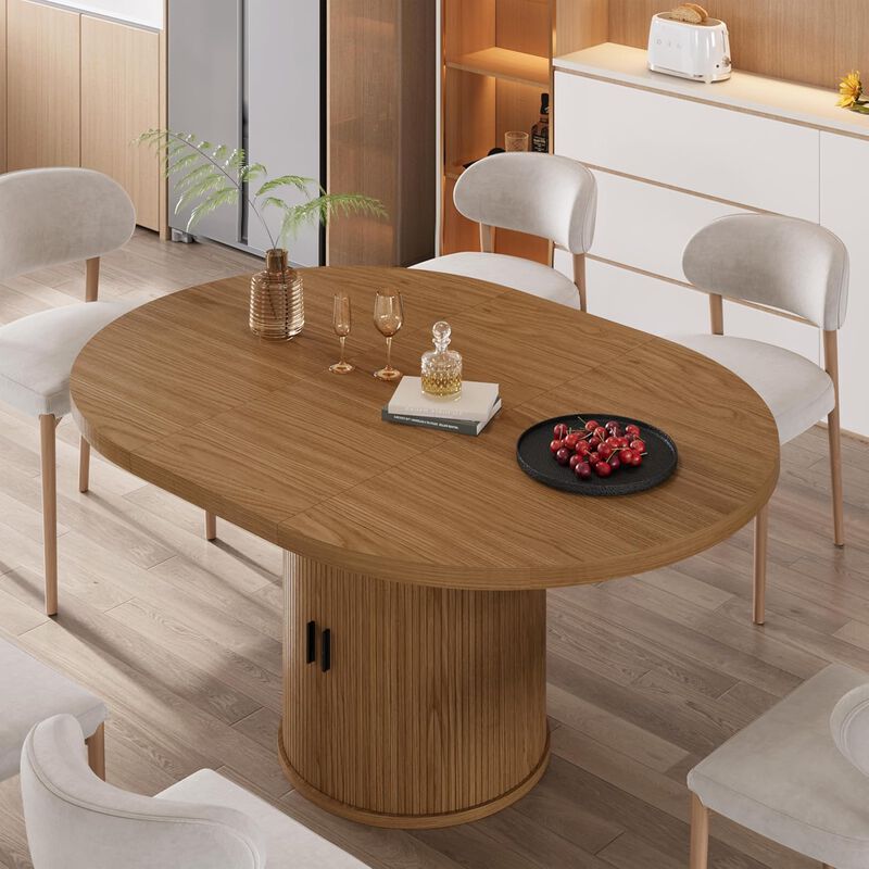 Vipbear 43" to 59" Extendable Round Dining Table, Solid Wood Top with Storage Cabinet, Kitchen image number 2