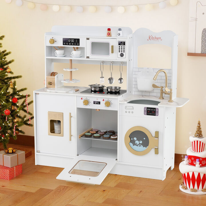 White Kids Toy Kitchen Pretend Playset with Light and Sound Features
