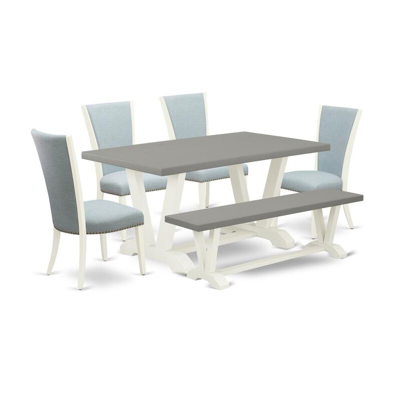 East West Furniture V096VE215-6 6 Piece Dining Set - 4 Baby Blue Linen Fabric Dining Room Chairs with Nailheads and Cement Modern Dining Table - 1 Modern Bench - Linen White Finish