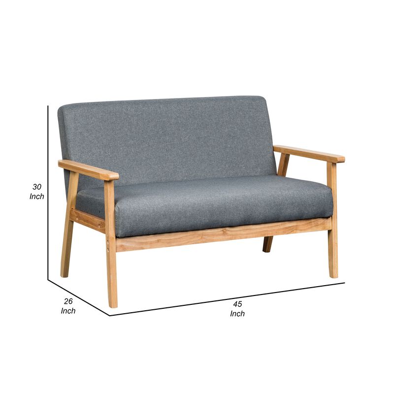 Gala 45 Inch Modern Loveseat Bench, Gray Fabric, Natural Brown Wood Frame