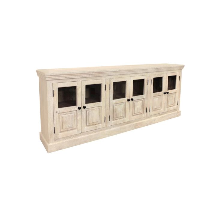 Alex Hamilton Tropez 6-Door Solid Wood Sideboard With Glass Panel in Distressed White Finish
