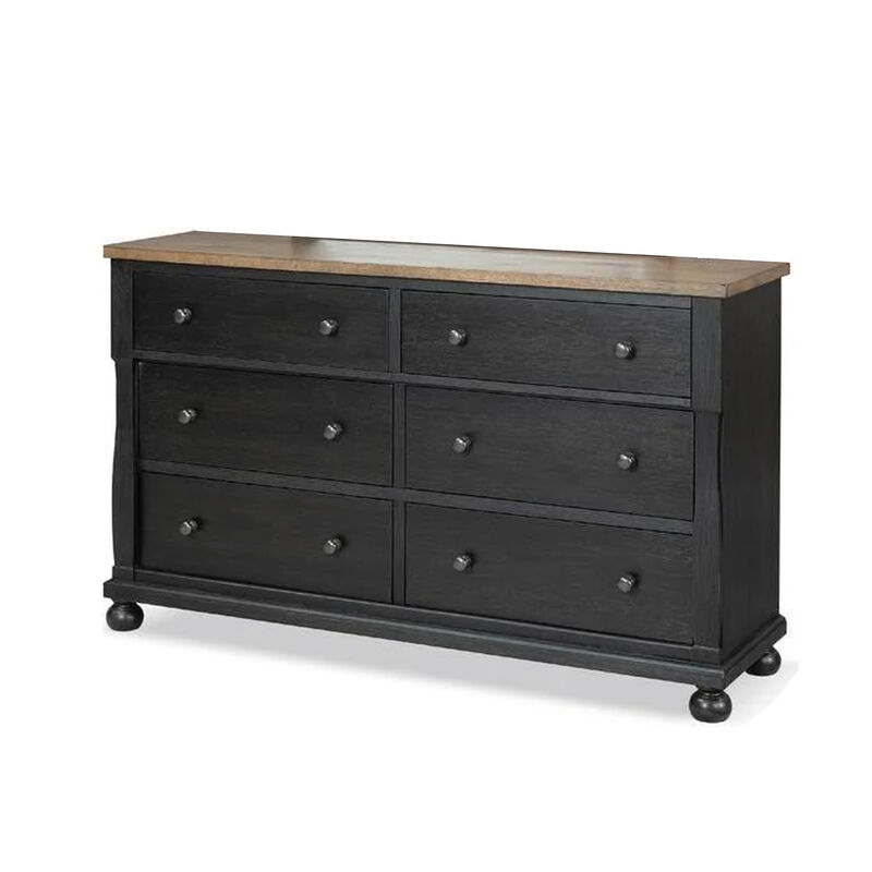 Ginie 64 Inch Dresser, 5 Drawers and Farmhouse Legs, Black Brown Oak