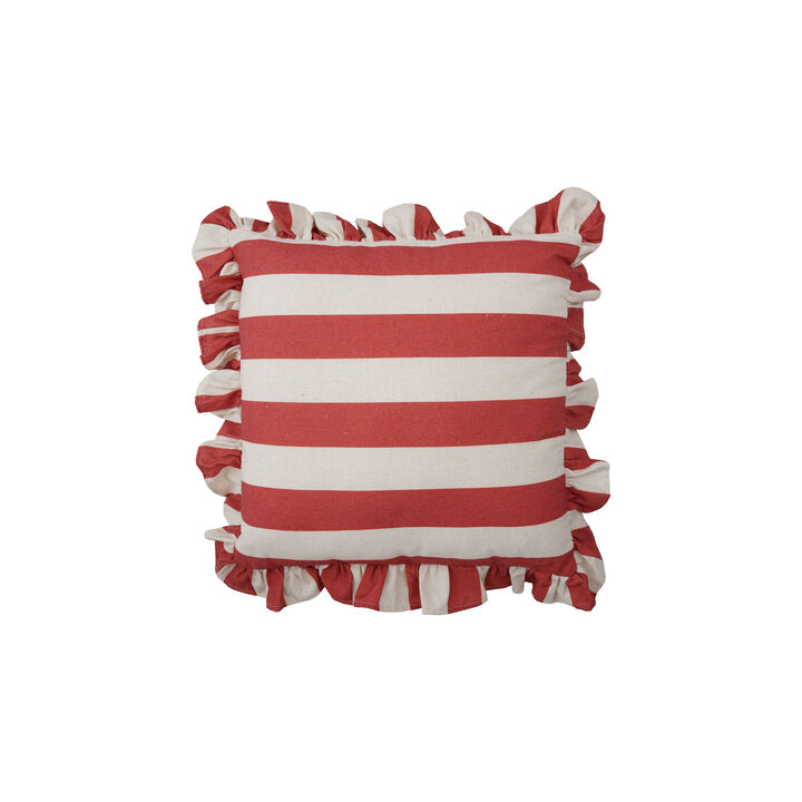 Striped Ruffled Pillow in Red and White Polyester