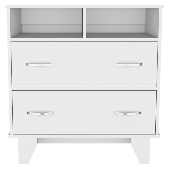 DEPOT E-SHOP Stamford Two Drawer Dresser, Four Legs, Two Open Shelves, Superior Top, Black