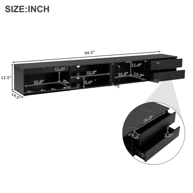 Clihome Modern APP Controlled LED TV Stand for TVs Up to 105'', Faux Marble Tabletop Media Console with Tempered Glass Doors, Entertainment Center with 2 Drawers & Cabinets for Living Room image number 8