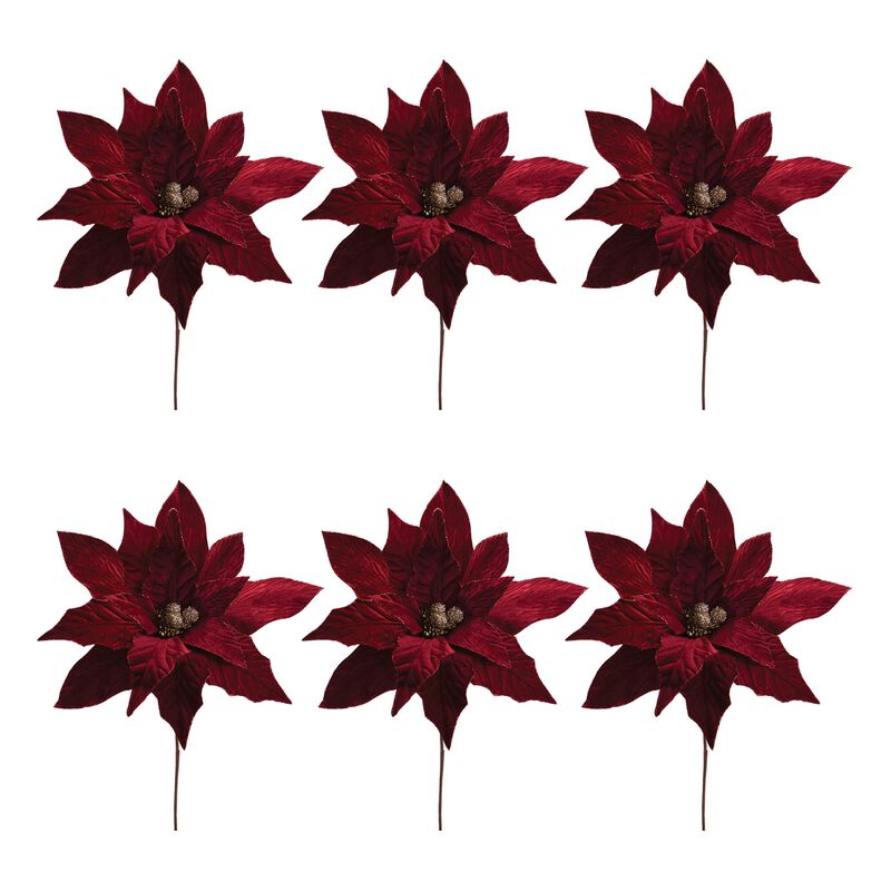 Decorative Glittered Poinsettia Stems, Set of 6 for Tree Fillers or Centerpieces