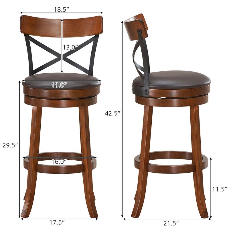 Set of 2 Bar Stools 360-Degree Swivel Dining Bar Chairs with Rubber Wood Legs