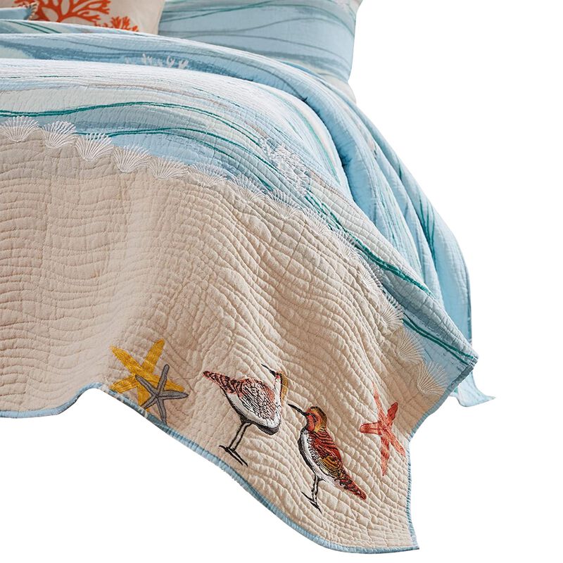 Maritsa Four Piece Twin Size Fabric Quilt Set with Coastal Prints, Blue - Benzara