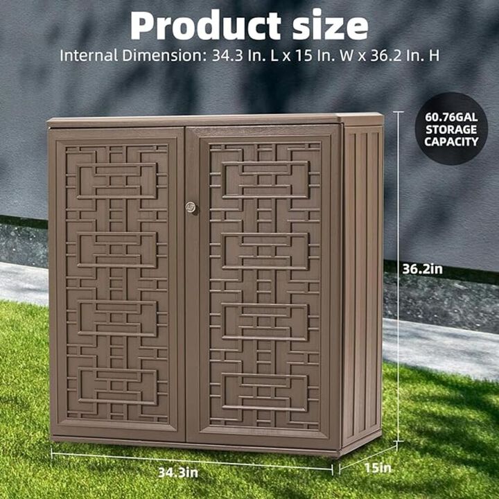 Storage Cabinet Waterproof with 1 Shelf, 60-Gallon Indoor & Outdoor Resin Deck Box
