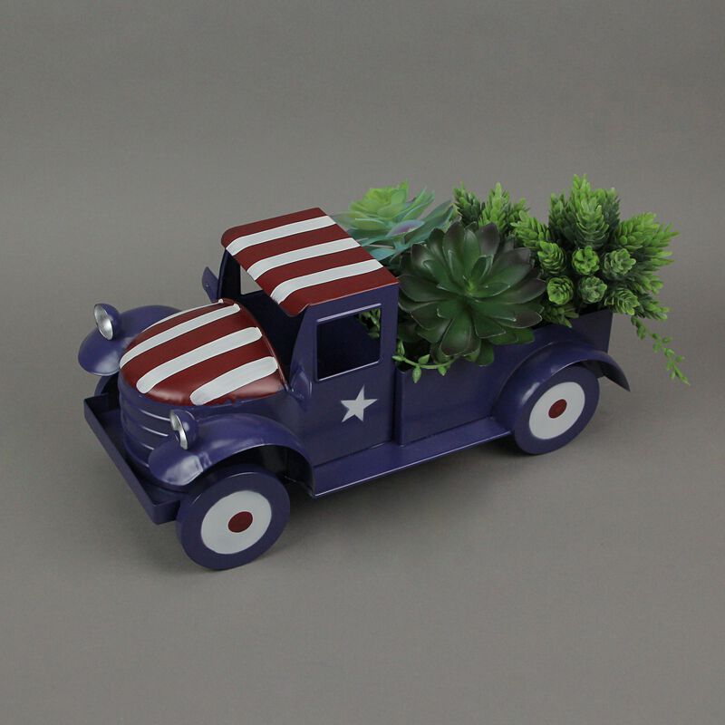 Rustic Blue Metal Vintage Patriotic Pickup Truck Planter Antique Stars & Stripes image number 1