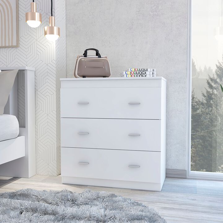 Classic Three Drawer Dresser, Superior Top, Handles -White