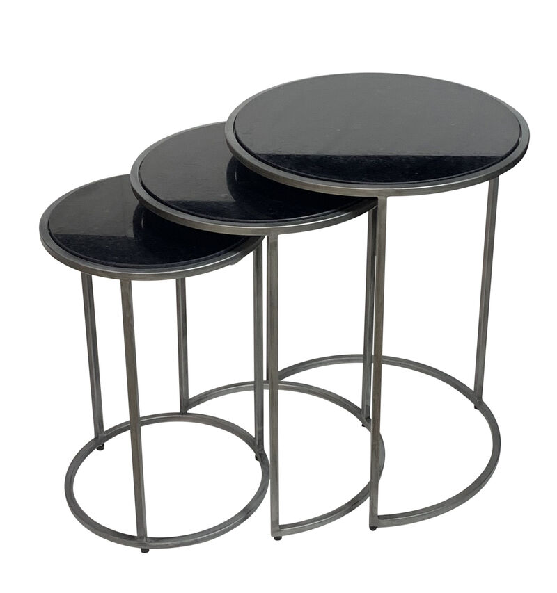 HomeRoots Set of Three Black and Gray Marble and Iron Round Frame Nested Tables image number 2