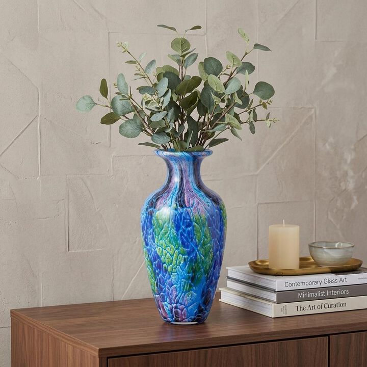 HomeRoots 10" Blue and Green Glass Abstract Round Table Vase