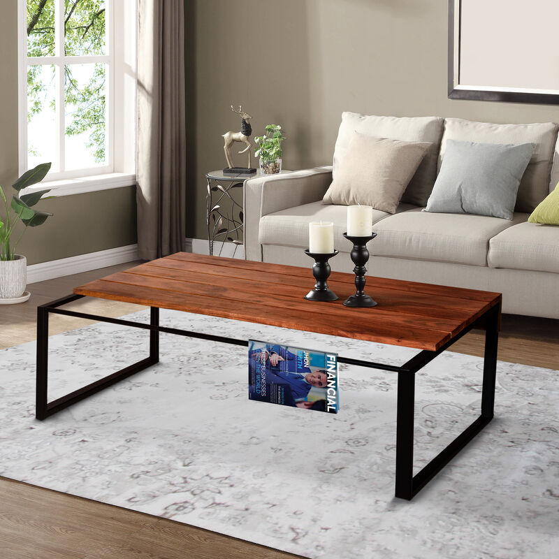41.7 Inch Rectangular Coffee Table with Plank Style Top, Metal Frame, Brown and Black