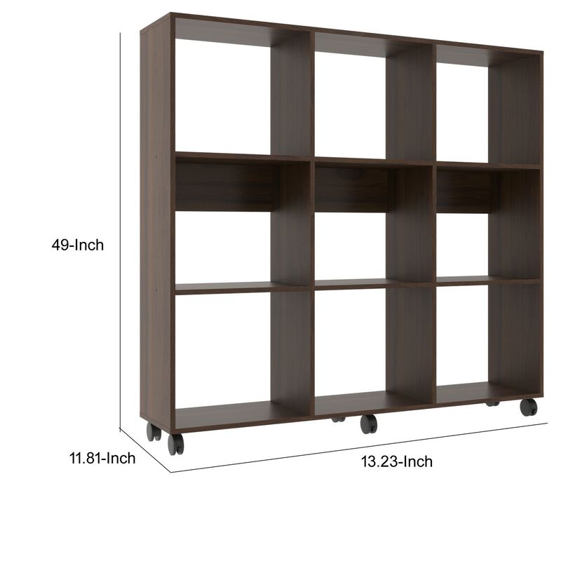 49 Inch Handcrafted Classic Wood Bookcase, 9 Open Compartments, Caster Wheels, Espresso Brown-Benzara