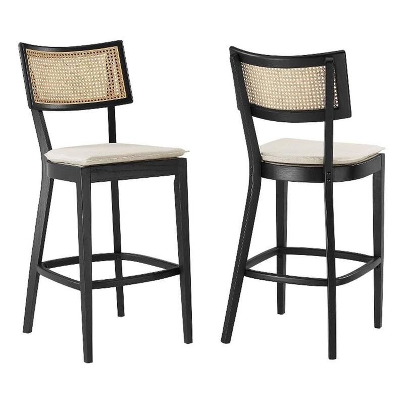 Modway Caledonia 46.5 Inch Elm Wood Bar Stools - Set of 2 in Black Beige - Padded Bar Stools with Rattan Back and Removable Cushion Cover - 2Pc High Bar Chairs with Footrest - Armless Bar Stools image number 0