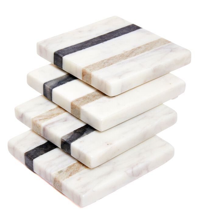 Lexi Home 4 in. White Striped Marble 4-Pack Coaster Set