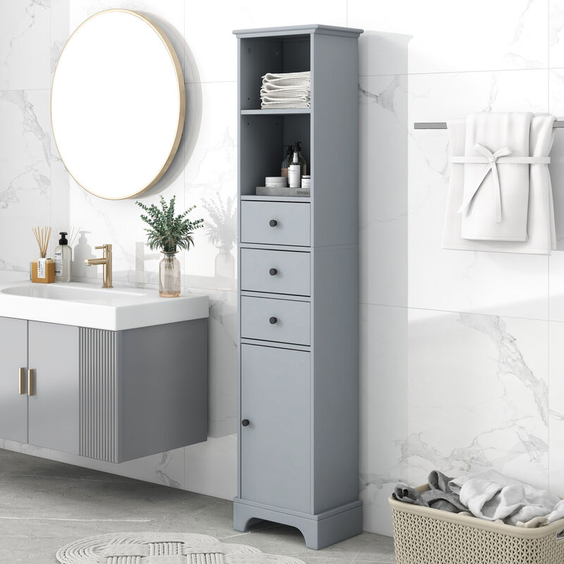 Grey Tall Bathroom Cabinet, Freestanding Storage Cabinet with 3 Drawers and Adjustable Shelf, MDF Board with Painted Finish