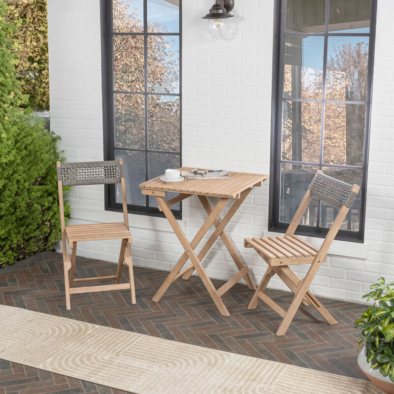 Sitges Modern Mid-Century 3-Piece Roped Acacia Wood Outdoor Folding Bistro Set