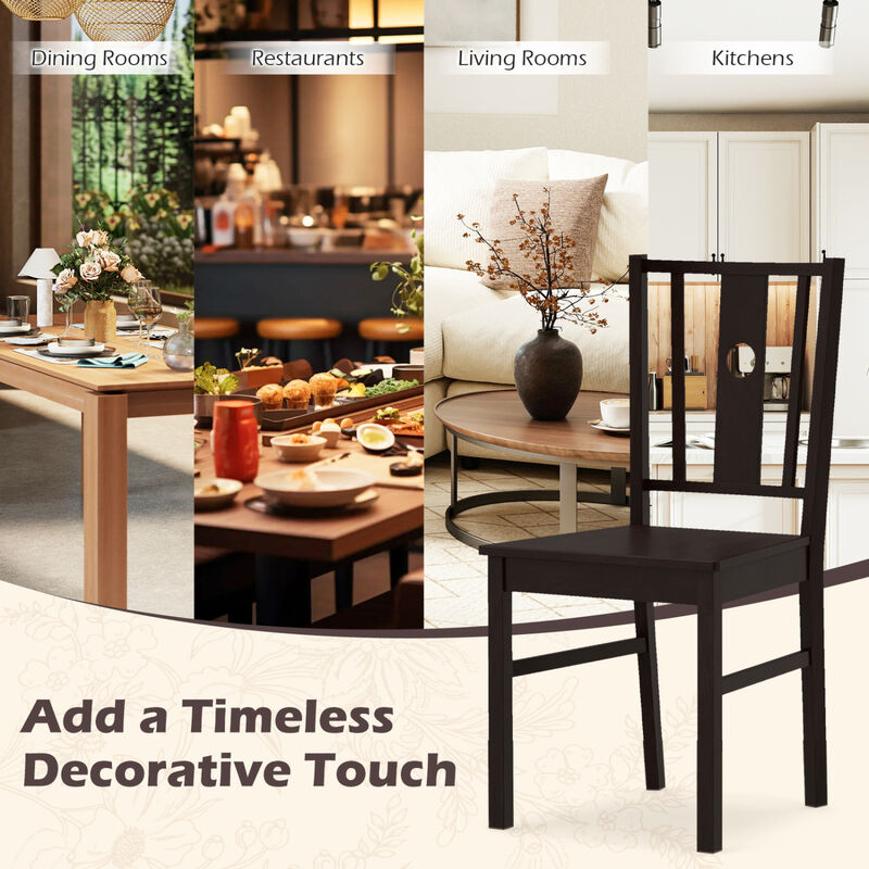 Solid Rubber Wood Kitchen Dining Chairs Set of 2 with Slatted Curved Back Design-Coffee image number 5