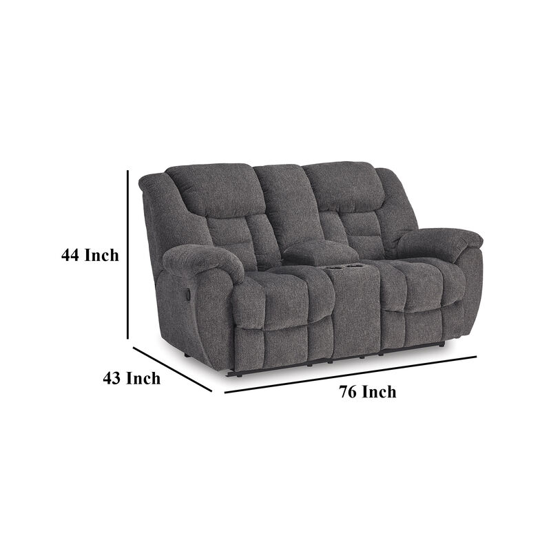Dane Manual Double Reclining Loveseat, Rich Gray Polyester, 76 Inch - Benzara