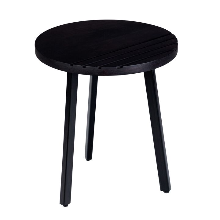 18 Inch Round Mango Wood Side End Table, Grooved Design, Metal Legs, Black-Benzara